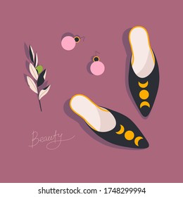 Hand-drawn beautiful women's accessories, shoes and earrings. Olive plant. Flat vector illustration.