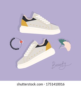 Hand-drawn beautiful women's accessories, sneakers and bracelet. Ginkgo biloba plant. Flat vector illustration.