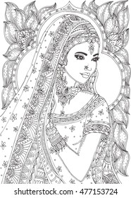 Hand-drawn beautiful young Indian woman patterned with ethnic doodle pattern. Zendala, design for meditation, vector illustration, isolated on a light patterned background. Coloring for adults
