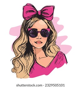 Hand-drawn beautiful young woman in sunglasses. Fashionable girl with bow on her head. Fashion woman look. Outline. Vector illustration.