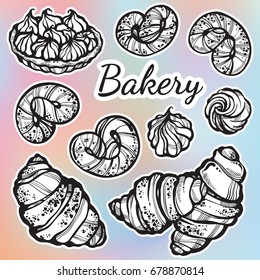 Hand-drawn beautifully buns collection. Vector bakery icons, vintage food elements in linear style isolated on colorful background. Perfect menu template for cafe, bars, shops, restaurants.