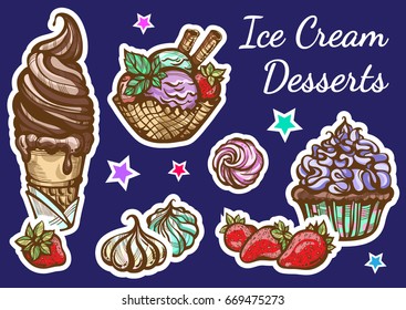 Hand-drawn beautifully Ice Cream dessert icon set. Retro style artwork, vintage food elements isolated. Perfect menu template. Print, poster, textile, sticker, t-shirts.