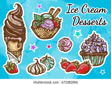 Hand-drawn beautifully Ice Cream dessert icon set. Retro style artwork, vintage food elements isolated. Perfect menu template. Print, poster, textile, sticker, t-shirts.