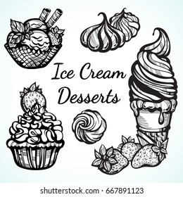 Hand-drawn beautifully Ice Cream desserts collection. Vector graphic icons, vintage food outline elements isolated. Perfect menu template. Print, poster, textile, coloring book page for adults.