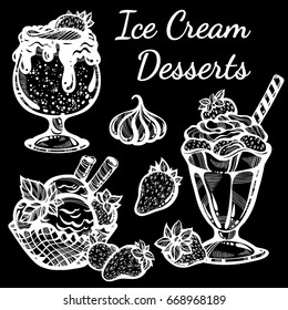 Hand-drawn beautifully Ice Cream desserts collection. Vector graphic icons, vintage food outline elements isolated. Perfect menu template. Print, poster, textile, coloring book page for adults.
