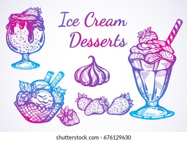 Hand-drawn beautifully Ice Cream desserts collection. Vector graphic icons, vintage food outline elements isolated. Perfect menu template. Print, poster, textile, sticker, t-shirts.