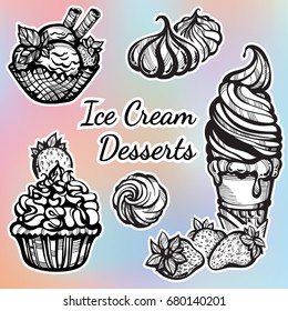 Hand-drawn beautifully Ice Cream desserts collection. Vector graphic icons, vintage food outline elements isolated. Perfect menu template. Print, poster, textile, coloring book page for adults.