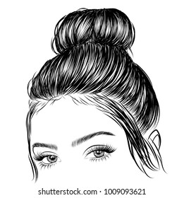 Hand-drawn beauty woman with luxurious cute bun hairstyle. Idea for card typography vector.Wedding style