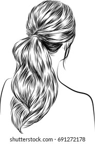 Hand-drawn beauty woman with luxurious long ponytail hairstyle. Idea for school. 