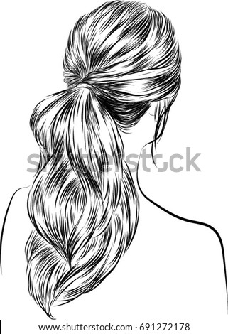 Handdrawn Beauty Woman Luxurious Long Ponytail Stock 