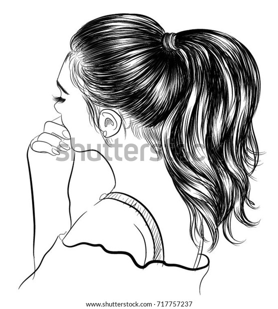 Handdrawn Beauty Woman Luxurious Long Ponytail Stock