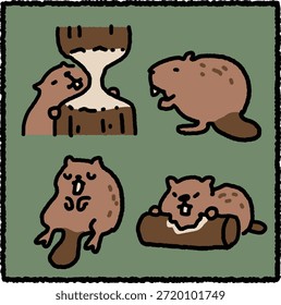 Conjunto de ilustración de personajes de castor dibujado a mano que muestra a los castores masticando madera, descansando e interactuando con los Iniciar sesión en un estilo de bosque acogedor. Las Formas redondeadas y los contornos gruesos hacen que esta obra de arte sea perfecta para ilustraciones de libros de cuentos, materiales educativos sobre la naturaleza y diseños de pegatinas.