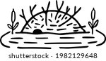Hand-drawn beaver lodge. Dam built in pond. Cute hut assembled from sticks and tree trunks in impoundment. Black cartoon doodle with animal dwelling. Vector illustration of house for baby pictures. 