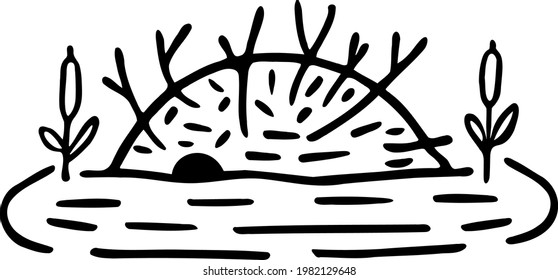 Hand-drawn beaver lodge. Dam built in pond. Cute hut assembled from sticks and tree trunks in impoundment. Black cartoon doodle with animal dwelling. Vector illustration of house for baby pictures. 