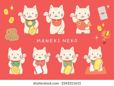 Conjunto de ilustração de gato de beckoning desenhado à mão