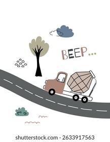 Hand-Drawn Beep Poster with Cement Mixer for Nursery.  Cement mixer truck driving on a curved road with trees, clouds, and beep text in soft colors for kids room wall art