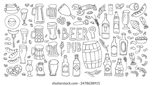 
Hand-drawn beer pub elements, including mugs, bottles, snacks, and seafood, on a white background.