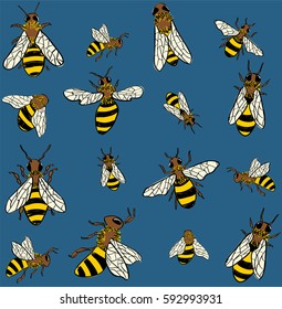 Hand-drawn bees on a dark blue background. Seamless pattern