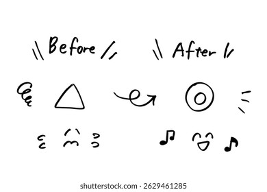 Hand-drawn before-and-after icon set, expressing emotion and change.