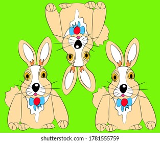 Hand-drawn beige light bunnies with a bow on the neck on a light green background. Abstract picture for packaging and textile design.