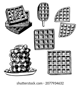Hand-drawn Belgian waffles set. Vector sketch illustration. 