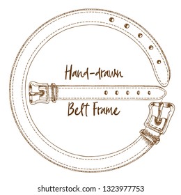 Hand-drawn belt frame in vintage engraving art style isolated on white background. For decoration design, border, web banner. Vector illustration.