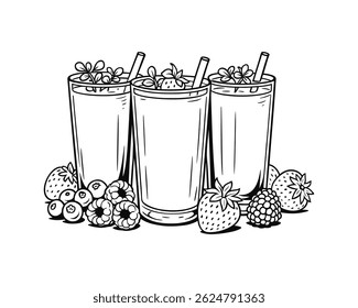 Hand-drawn berry smoothie glasses with strawberries and raspberries sketch