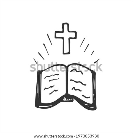 Hand-drawn Bible isolated on white background. Christian symbols. The sacred book of God. Gospel. Religion and Christianity. Vector illustration