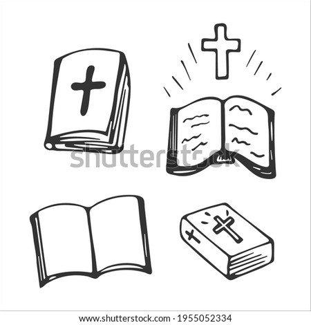 Hand-drawn Bible set isolated on white background. Christian symbols. Holy book of God. Gospel. Religion and Christianity. Vector illustration