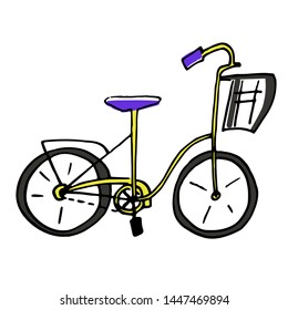 Hand-drawn bicycle. Vector illustration. 
Yellow bike with a basket. Women's bike. 
Bicycle on a white background.