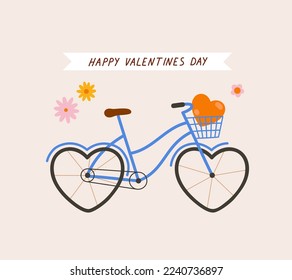 Hand-drawn bicycle with wheels in the shape of hearts, heart, and hand lettering. Concept of valentine's day, romance, gifts, love, romantic surprise, adventures.
