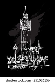 Hand-drawn Big Ben tower on the blackboard.  Vector illustration 