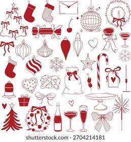 Coleção de elementos de Natal grande desenhado à mão com arcos e presentes, ornamentos e estoque, cana de doces, sparkler, champanhe