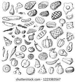 Hand-drawn big set of food. Isolated sketches on a white background. Vector cartoon foods. Elements of menu.