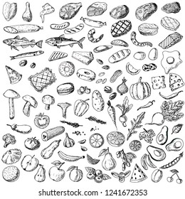 Hand-drawn big set of food. Isolated sketches on a white background. Vector cartoon foods. Elements of menu.