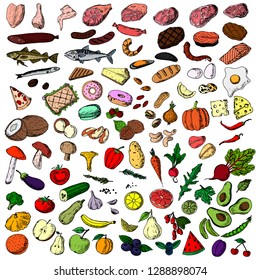 Handdrawn Big Set Food Isolated Sketches Stock Vector (Royalty Free ...