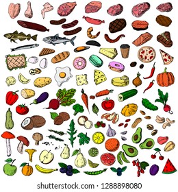 Hand-drawn big set of food. Isolated sketches on a white background. Vector cartoon foods. Elements of menu.