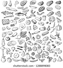 Hand-drawn big set of food. Isolated sketches on a white background. Vector cartoon foods. Elements of menu.