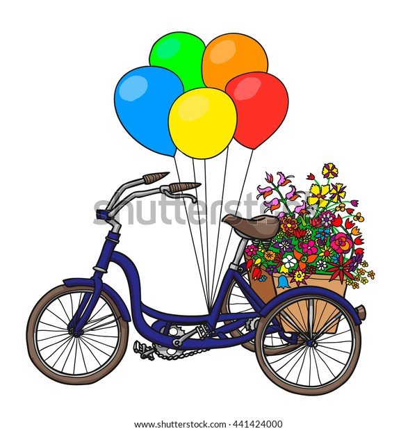 hand-drawn bike with flowers and balloons.\
isolated on white\
background
