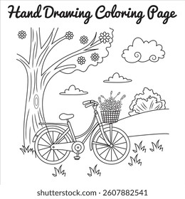 A hand-drawn bike resting under a tree with a basket full of flowers, surrounded by a scenic grassy landscape with a bright sunny sky.
