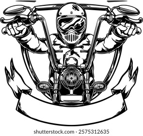 Hand-drawn biker illustration with a bold design, featuring a rider on a motorcycle and a blank banner for customization. Perfect for logos, t-shirt designs, or branding projects.