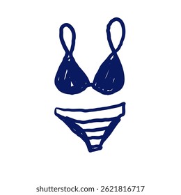 Ilustração de biquíni desenhado à mão com fundo listrado em tinta azul-marinho. Gráfico de verão estilo Doodle em arte de linha, perfeito para desenhos com temas de praia, adesivos e decoração isolada.