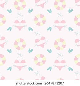 Biquíni desenhado à mão e anel de borracha em um fundo rosa pastel. Verão padrão sem costura para roupas, tecido, papel de parede, pano de fundo, decoração de casa, livro de capa e arte da parede. 