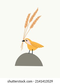 Pájaro dibujado a mano con orejas de trigo. Concepto de agresión de guerra rusa en Ucrania, patriotismo ucraniano, siembra durante la guerra.