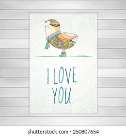 Hand-drawn bird. Greeting card on wooden background. Happy Valentine's day.  Illustration can be used of invitation, flyer, poster or greeting card.