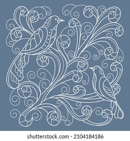Hand-drawn birds, Doodles fantastic tree. Blue and white vector illustration.