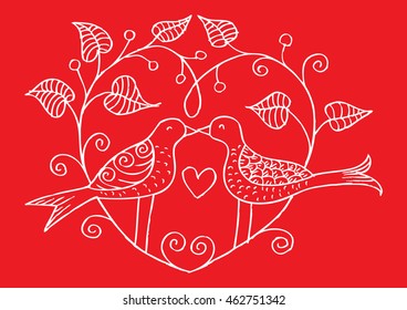 Hand-drawn birds on garden branches