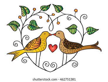 Hand-drawn birds on garden branches