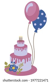 Hand-drawn birthday cake with balloons. White background, isolate. Vector. Boho style.	
