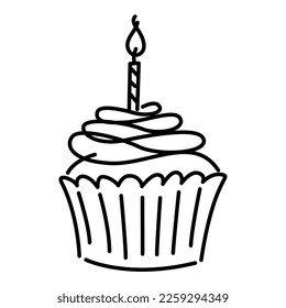 Hand-drawn birthday cake with black lines. Draw a doodle-style cake and candles.